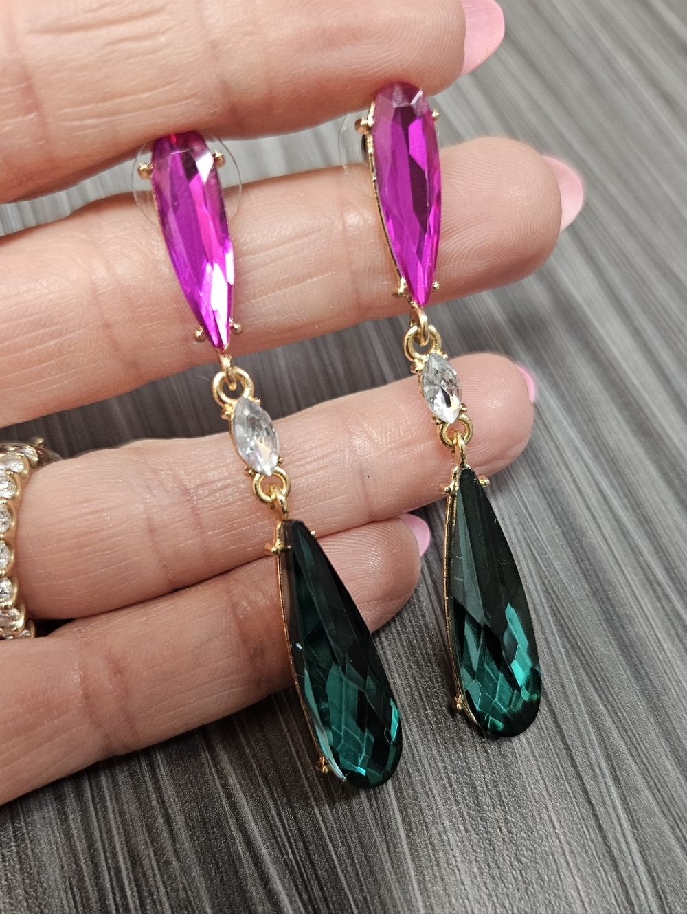 NEW Slim Jewel Tone Pink and Green Drop Earrings